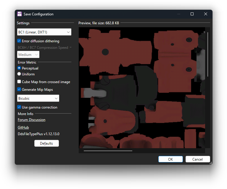 Save dialog with options set for DXT1 output and mipmaps